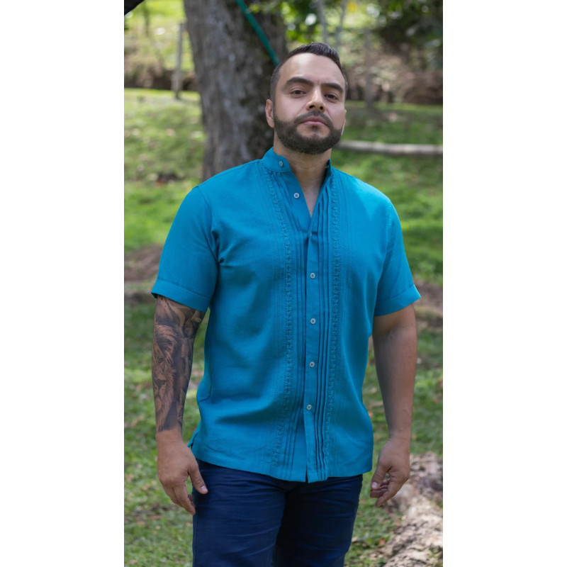 Guayabera Azul Petróleo Calada Con Cuello Ángel y Almilla