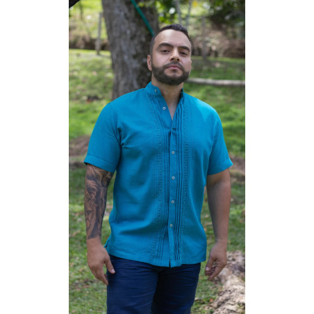 Guayabera Azul Petróleo Calada Con Cuello Ángel y Almilla