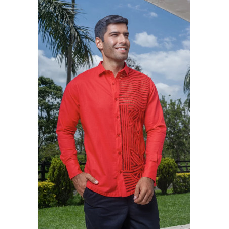 Camisa Guayabera Roja Manga Larga