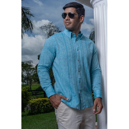 Camisa Guayabera Azul indigo Manga Larga Calada