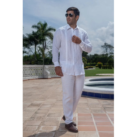 Camisa Guayabera Blanca Cuello Basico Manga Larga