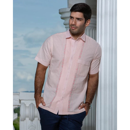 Guayabera y Camisa Artesanal Rosa Palo Manga Corta Alforzas Calado