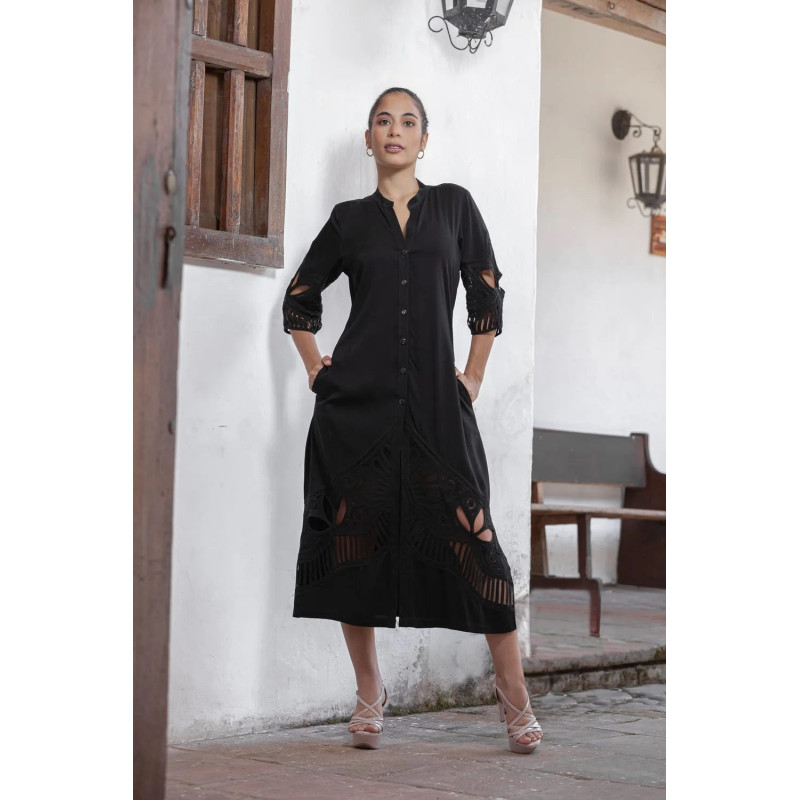 Kaftán Negro de Tela Canali con Bordado Eterno Artesanal