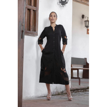 Kaftán Negro de Tela Canali con Bordado Eterno Artesanal