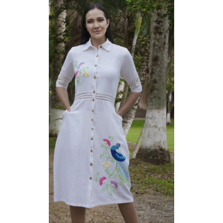 Caftán Blanco Pavo Real Encantado – Nueva Coleccion Flores de Lino